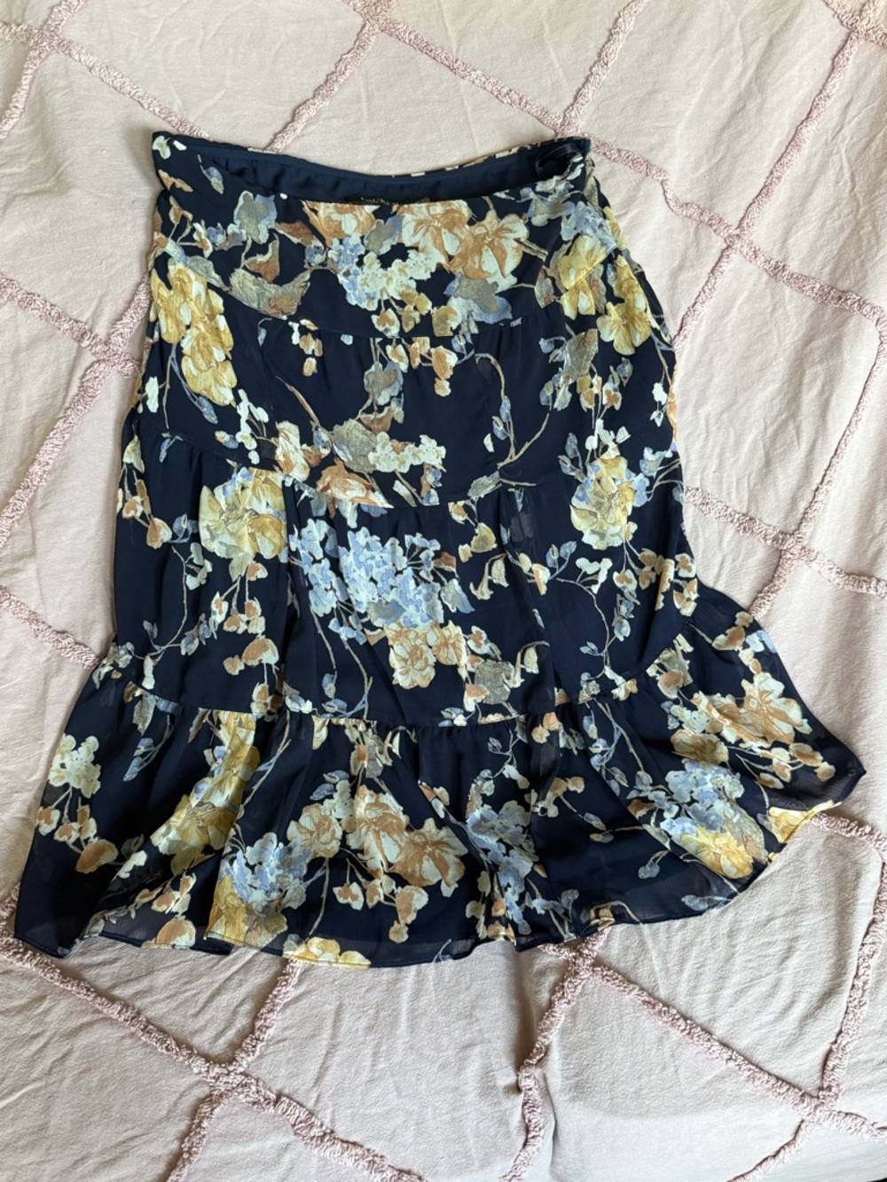 Ralph Lauren Navy Floral Tiered Skater Skirt with Yellow & Light Blue Blooms